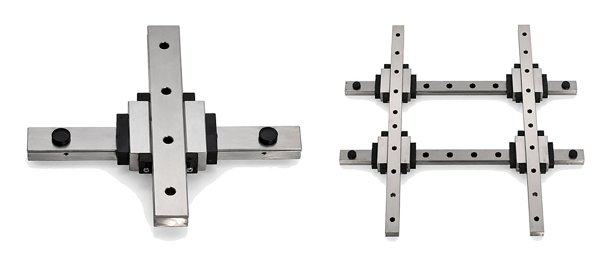 DDJ T-type cross guide tables — single XY cross unit and 2x2 stacked cross-rail assembly, real product photos